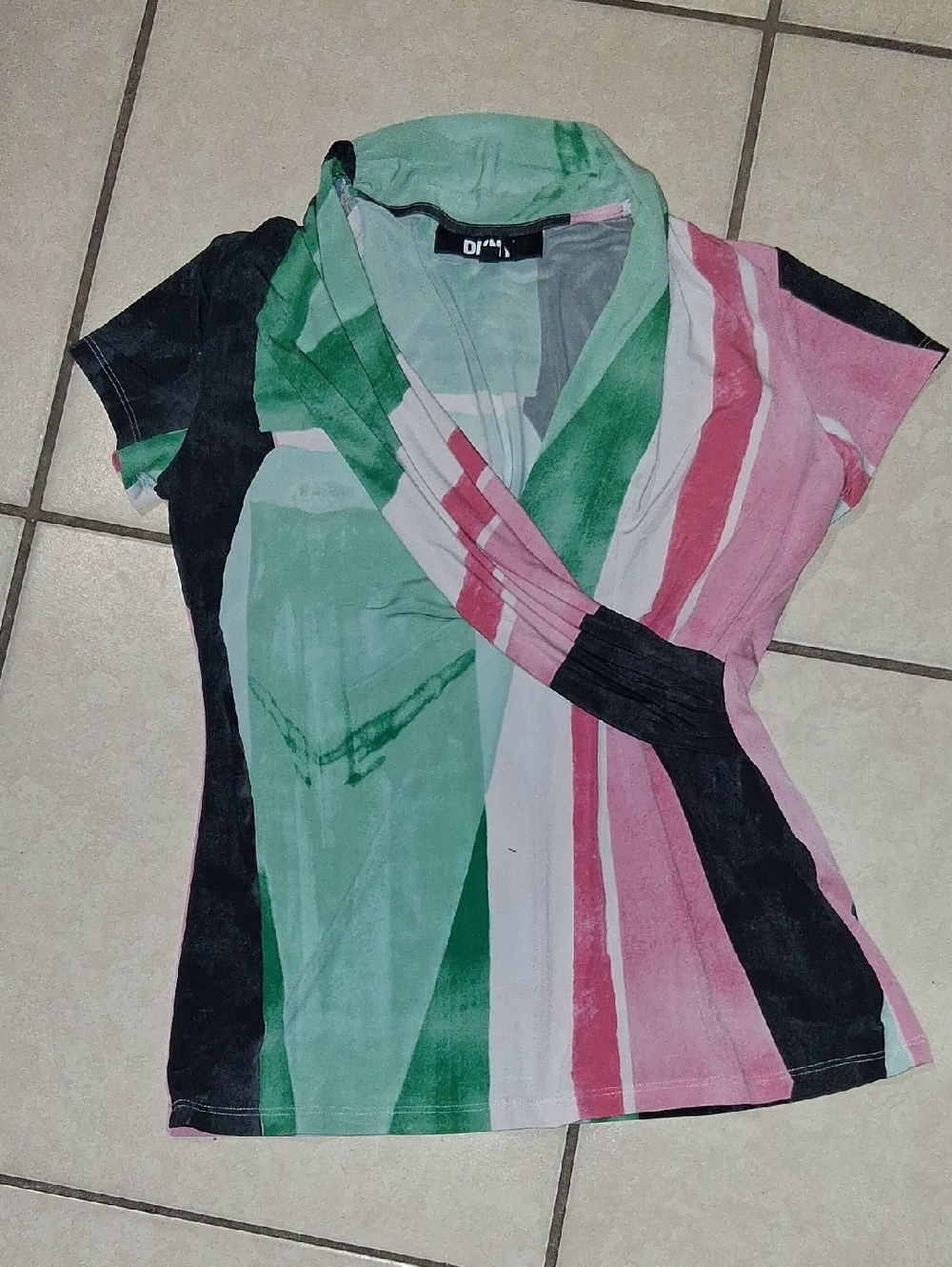 DKNY Striped Wrap-Front Blouse in Green, Pink & Black